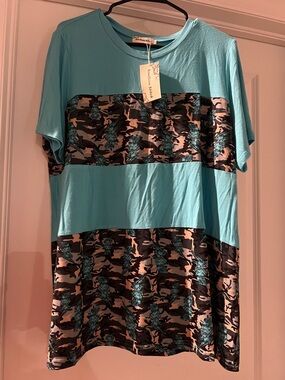 Aqua Blue Camo Block Print Tee